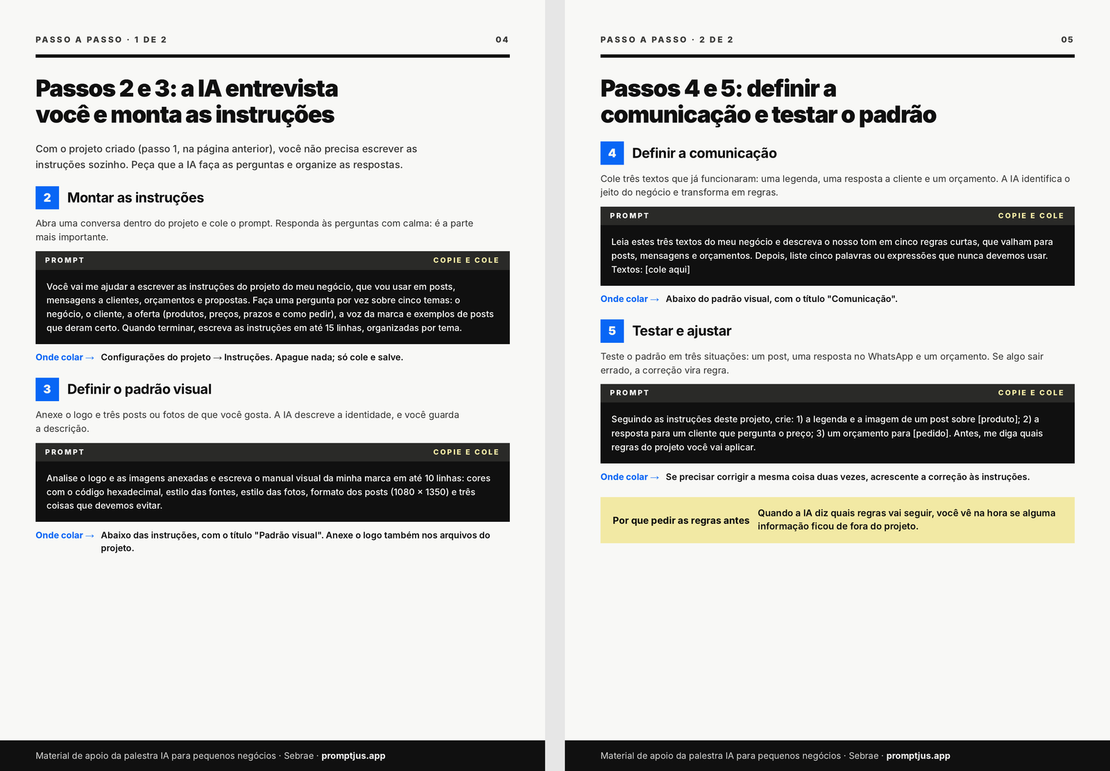 Duas páginas do ebook com os prompts prontos para copiar, as instruções de onde colar cada resultado e o passo de testar e ajustar o padrão