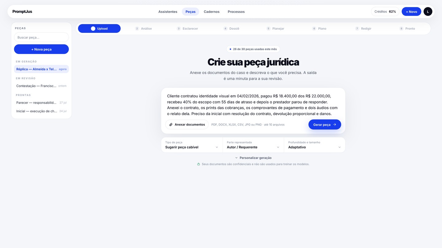 Tela de upload do caso no PromptJus com relato e anexos