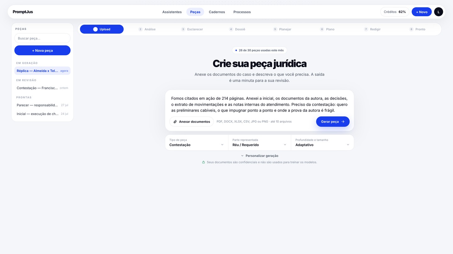 Tela de upload com descrição do processo e tipo de peça Contestação selecionado