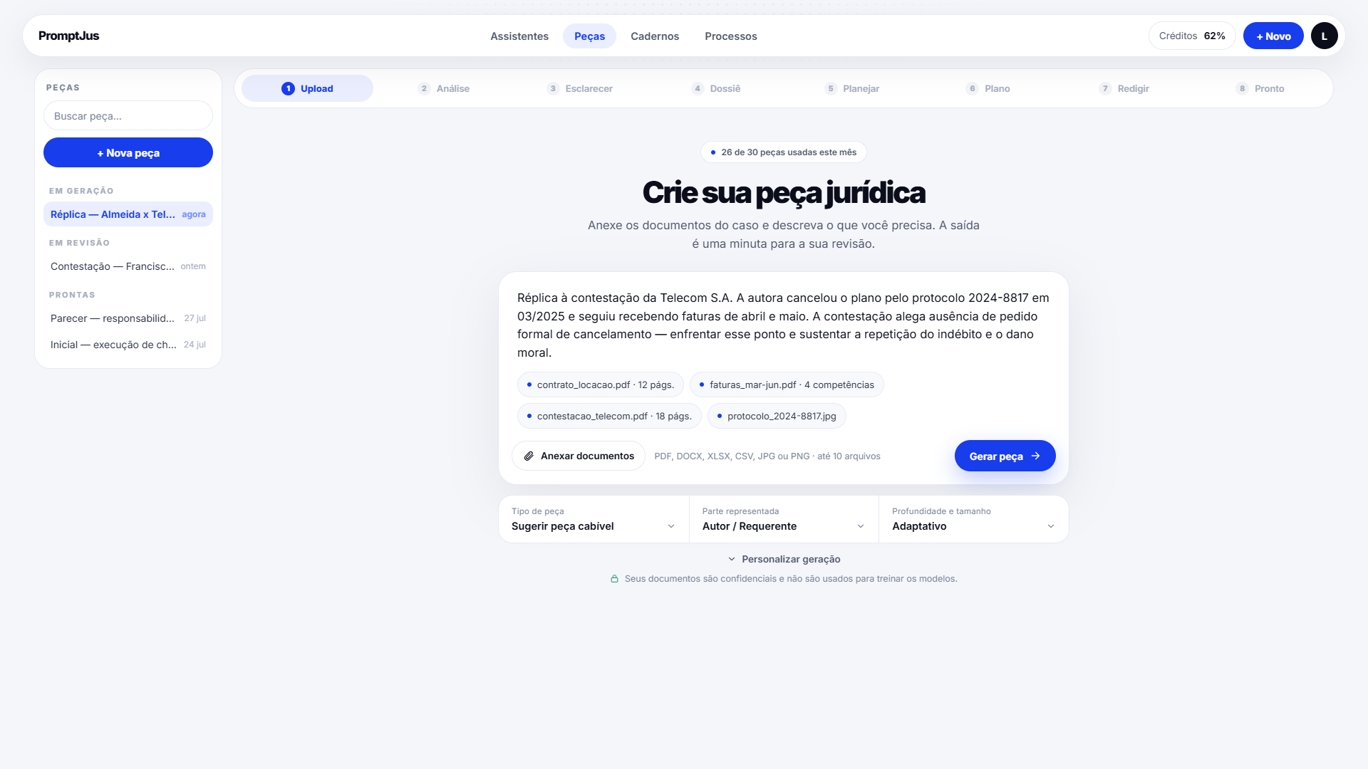 Tela de upload de documentos no PromptJus